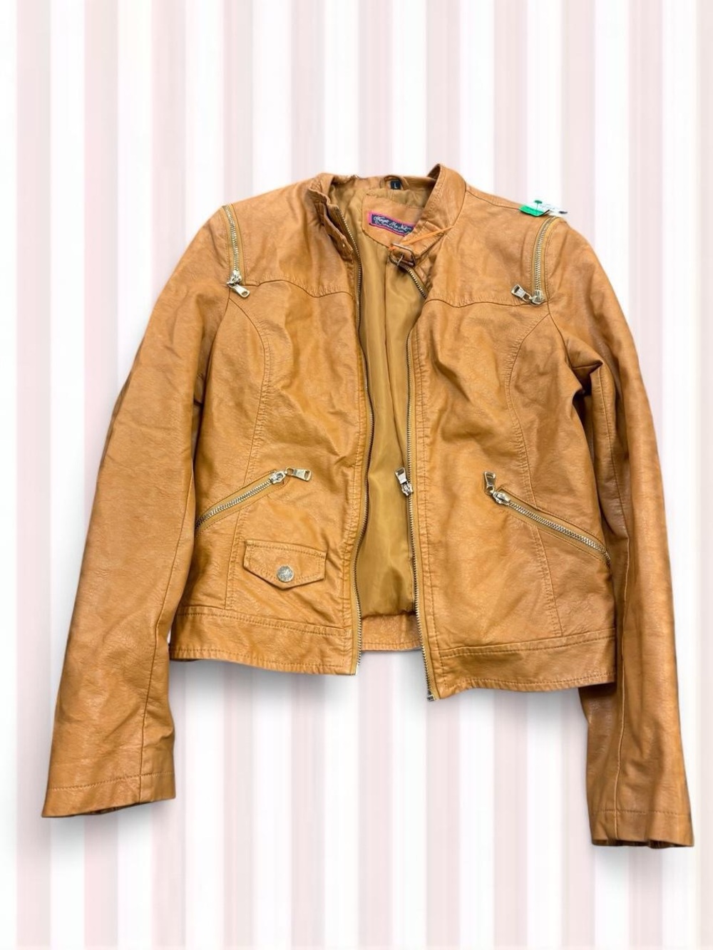 Women’s Tan Faux Leather Moto Jacket with Zip Pockets